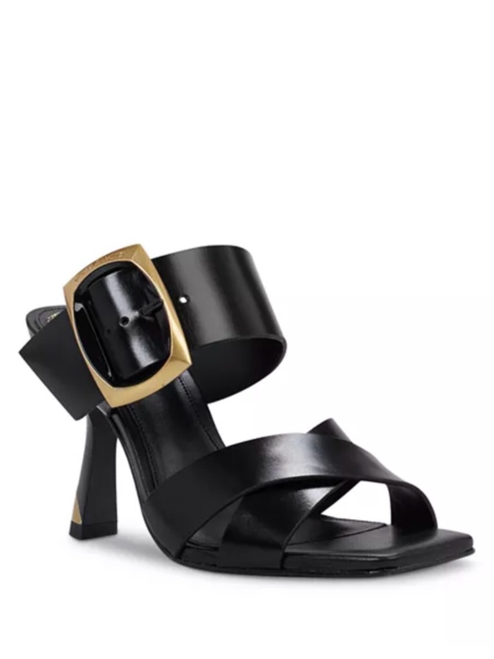 Vince Camuto Helya Black High Heel Sandals with Gold Buckle Accent